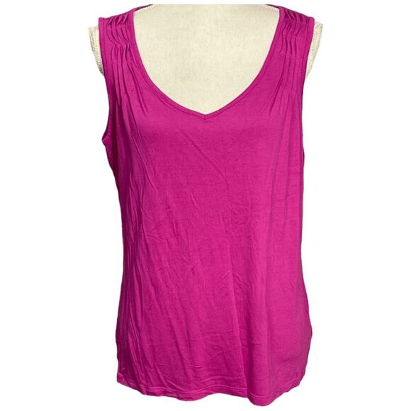 Talbots Tank Top Women's Large Hot Pink Fuchsia V Neck Pleated Shoulders Chic - Picture 1 of 9